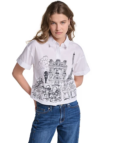 Karl Lagerfeld Paris Women's Cotton Crop Scene Button-Front Top
