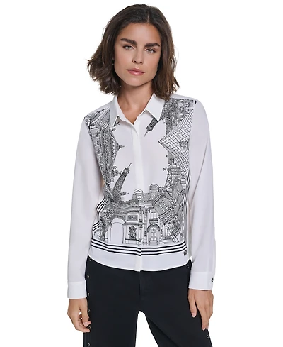 Karl Lagerfeld Paris Women's Placed Print Button Down Top