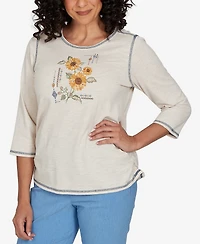 Alfred Dunner Petite Sunflower-Embroidery Crewneck 3/4-Sleeve Cotton-Blend T-Shirt
