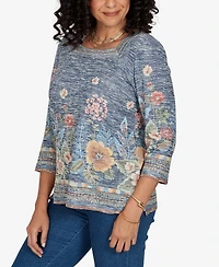 Alfred Dunner Petite Square Neck 3/4-Sleeve Floral-Print Knit Top