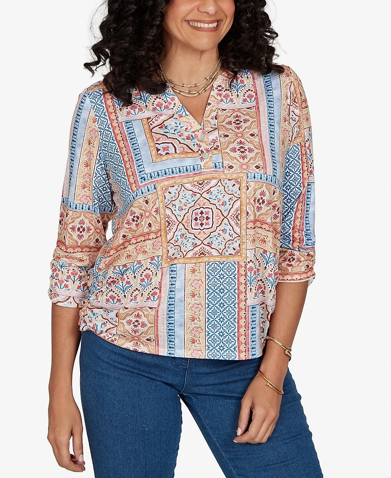 Alfred Dunner Petite Henley 3/4-Sleeve Top