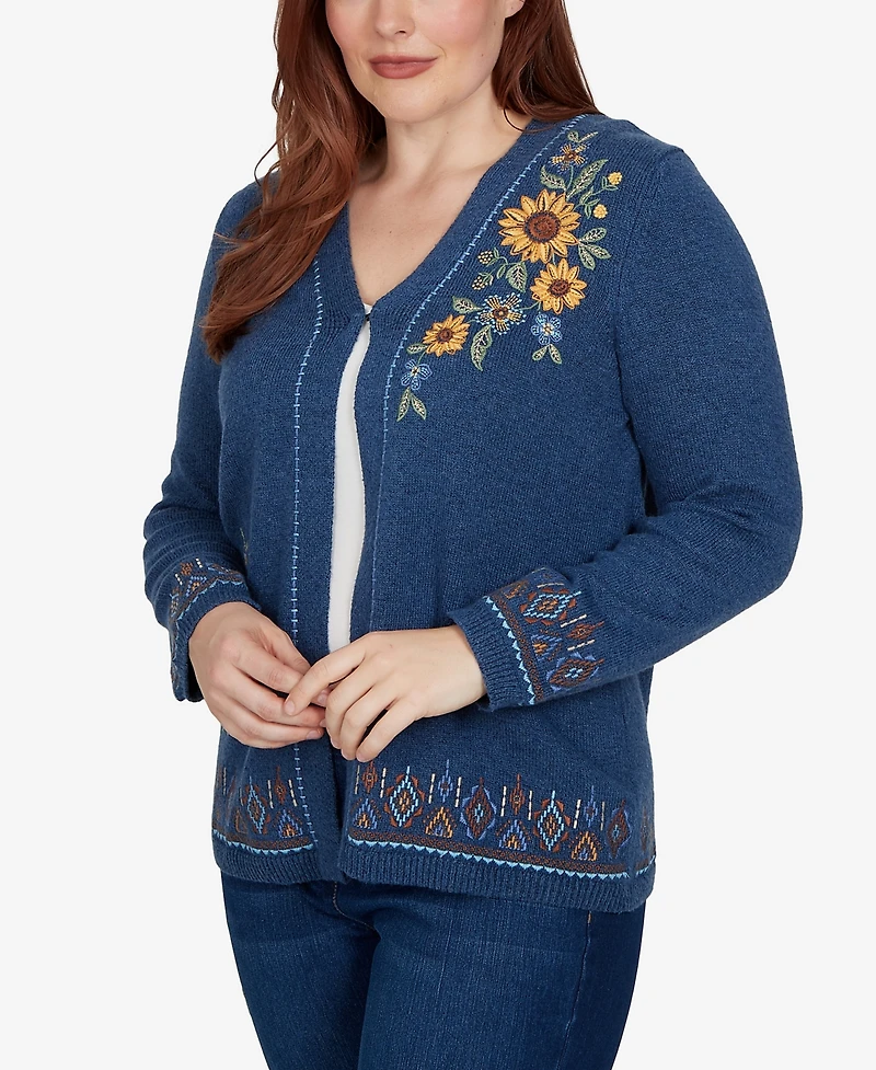 Alfred Dunner Petite V-Neck Long-Sleeve Floral Embroidery Cotton-Blend Cardigan