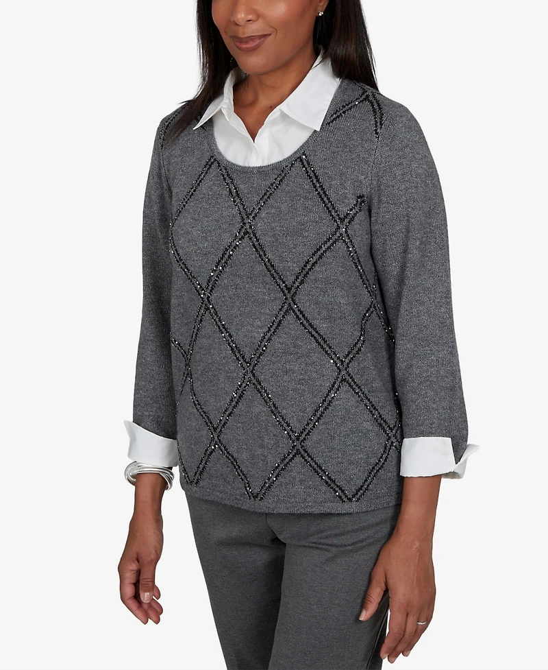 Alfred Dunner Petite Scoop Neck 3/4-Sleeve Embellished Pullover Sweater