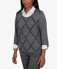 Alfred Dunner Petite Scoop Neck 3/4-Sleeve Embellished Pullover Sweater