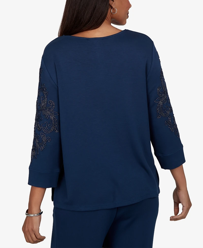 Alfred Dunner Petite Embellished Keyhole Neck 3/4-Sleeve Top