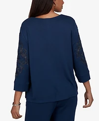 Alfred Dunner Petite Embellished Keyhole Neck 3/4-Sleeve Top