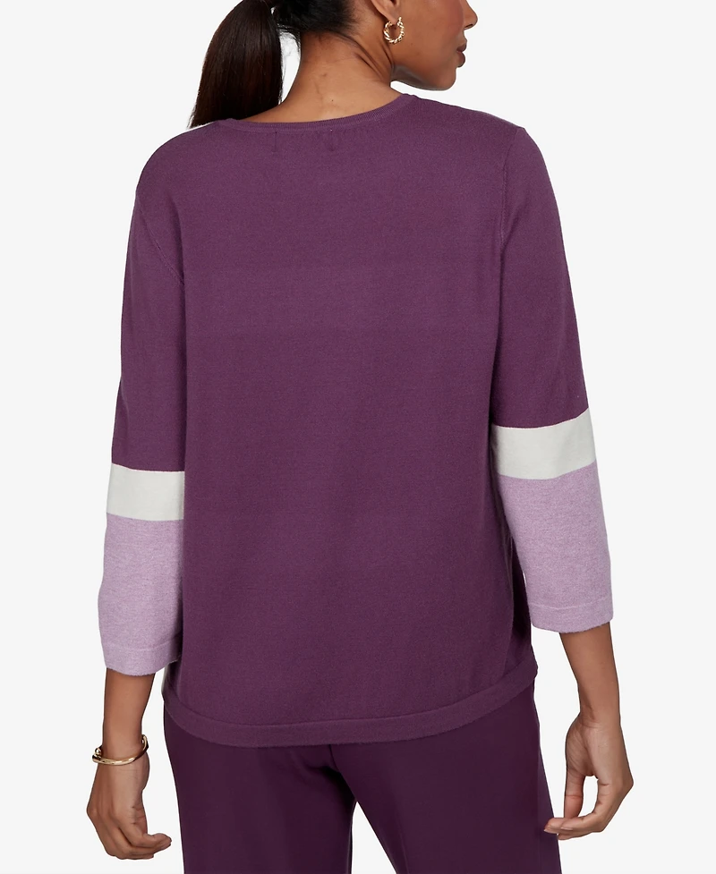 Alfred Dunner Petite Colorblock 3/4-Sleeve Crew Neck Pullover Sweater