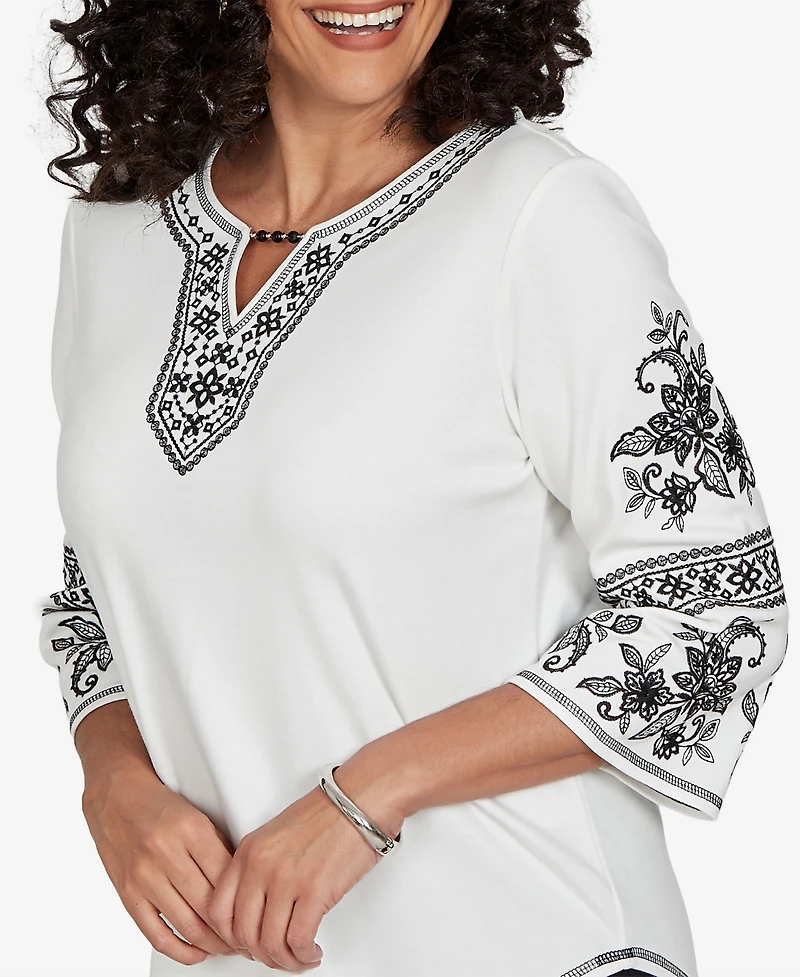 Alfred Dunner Petite Keyhole Neck 3/4-Sleeve Cotton-Blend Knit Top