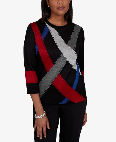 Alfred Dunner Petite 3/4-Sleeve Crewneck Colorblock Sweater