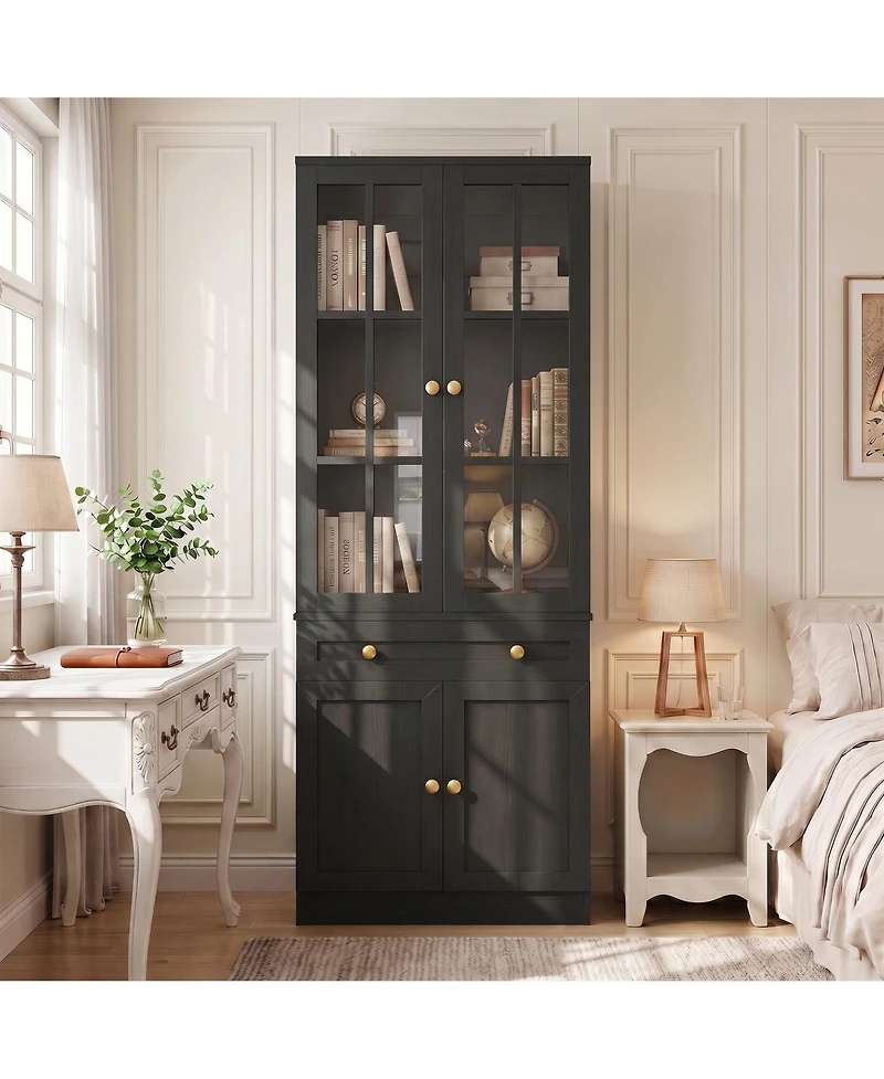 Aheaplus 80" Wood Bookcase with Glass Doors and Drawers for Living Room