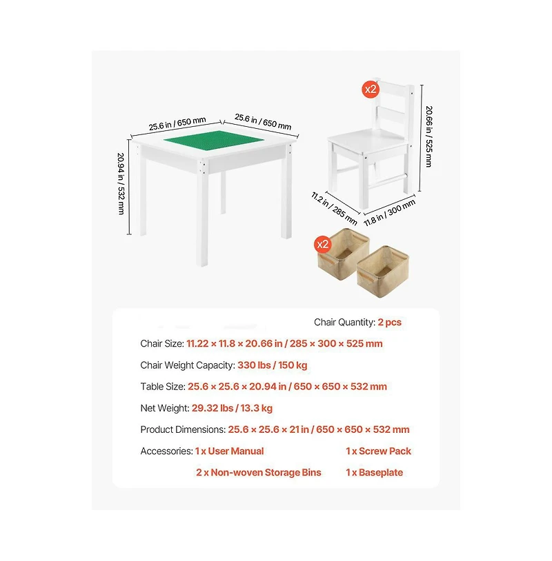 Slickblue Kids Play Table with 2 Chairs, Double-Sided Building Block Surface and Storage Space