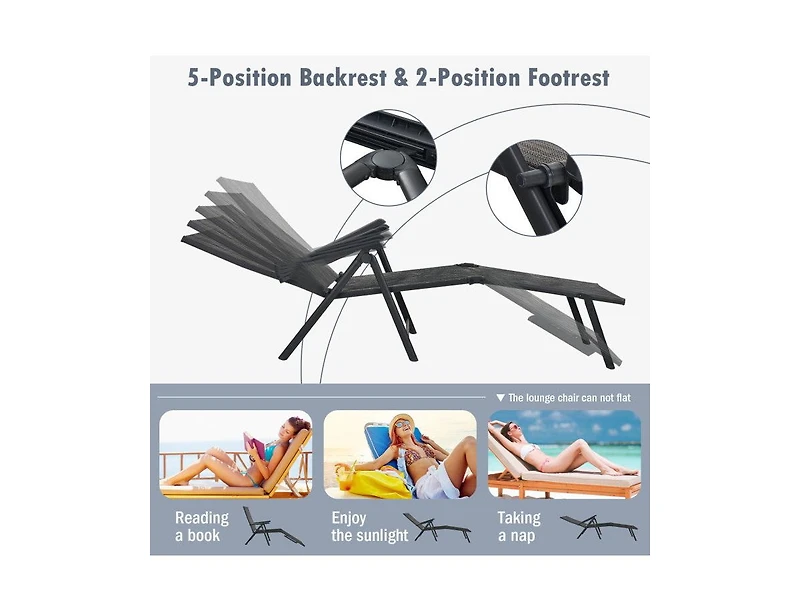 Lucky One Foldable Patio Chaise Lounge Chair with Adjustable Backrest and Footrest