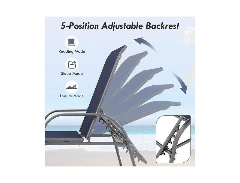 Lucky One 2 Pack Adjustable Patio Chaise Lounge Chairs with Armrests Fabric Outdoor Recliners