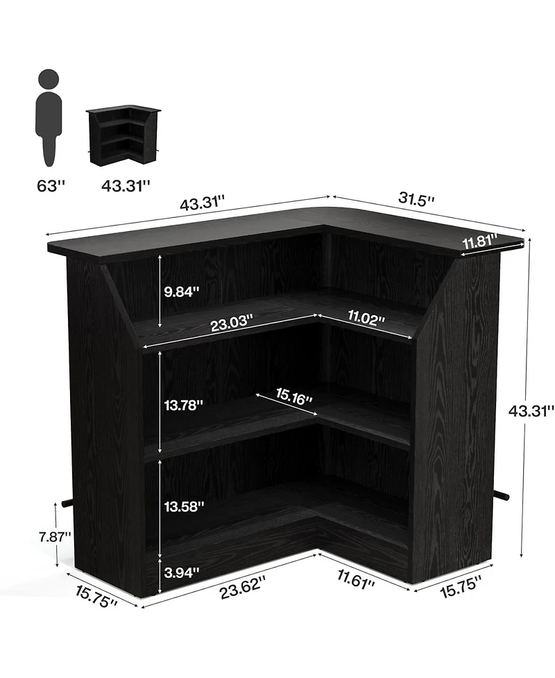 Tribesigns L Shaped Bar Table, 4-Tier Home Unit with Metal Footrest, Fluted Counter Height Pub Table Storage Shelves