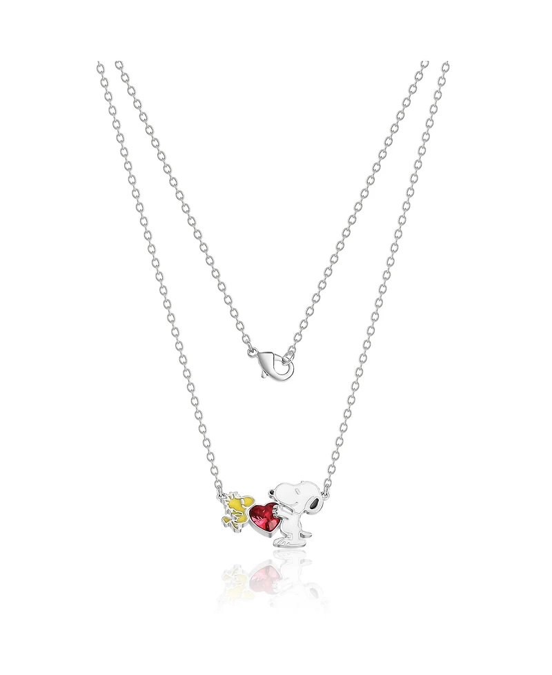 Peanuts Womens Snoopy and Woodstock Red Crystal Silver Plated Heart Necklace, 18''