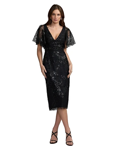 Mac Duggal Women's Sequin Embroidered Flutter Sleeve Sheath Midi Dress