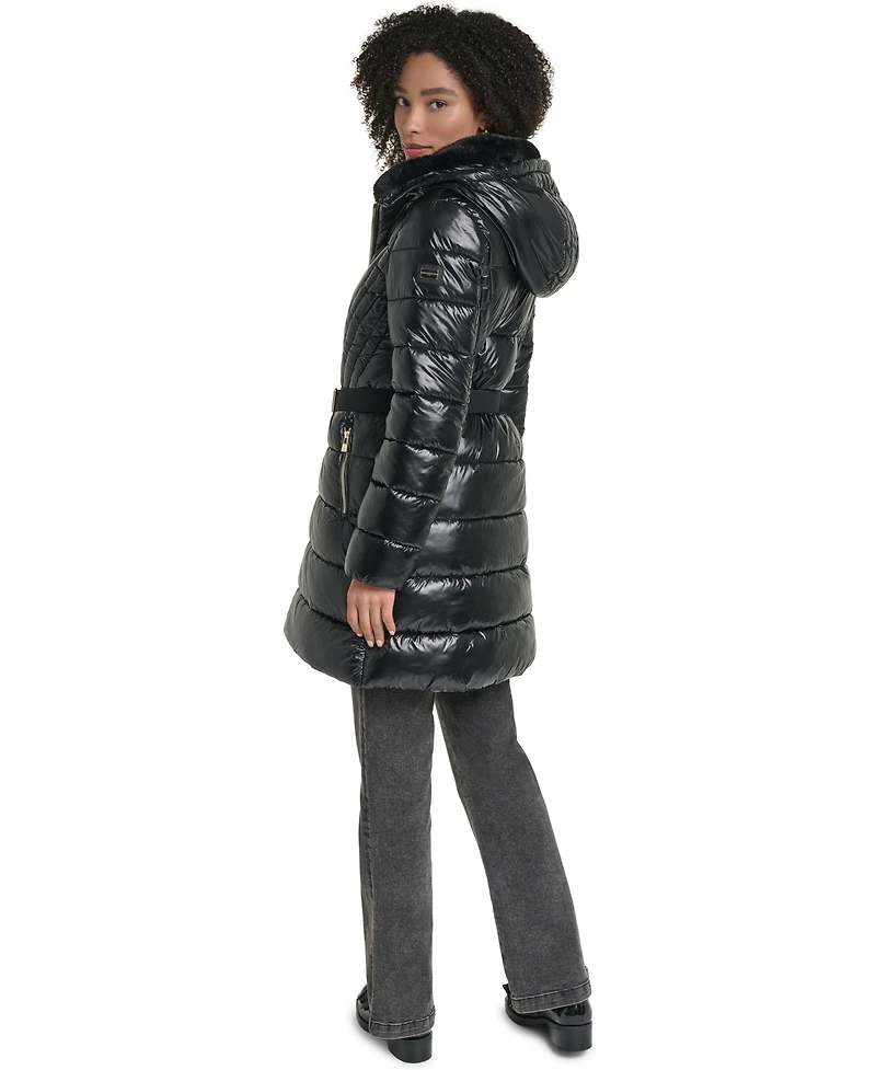 Karl Lagerfeld Paris Women's Belted Faux Fur Collar Hooded Puffer Coat
