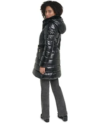 Karl Lagerfeld Paris Women's Belted Faux Fur Collar Hooded Puffer Coat