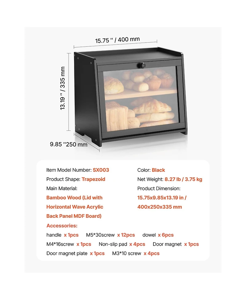 Sugift Double Layer Bamboo Bread Box with Acrylic Wave Door and Adjustable Middle Shelf