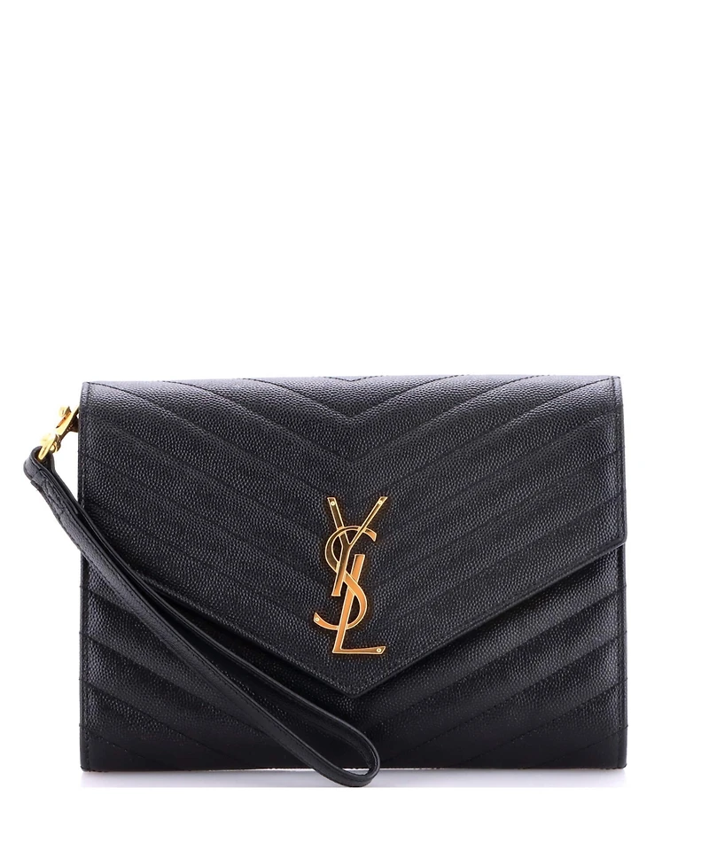 Pre-Owned Saint Laurent Classic Monogram Envelope Wristlet Clutch Matelasse Chevron Leather