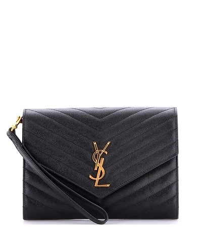 Pre-Owned Saint Laurent Classic Monogram Envelope Wristlet Clutch Matelasse Chevron Leather
