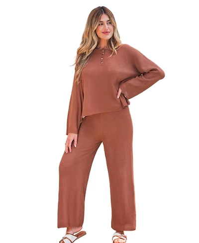 Cupshe Women's Caramel Waffle Knit Henley Long Sleeve Top and Wide Leg Pants Loungewear Set