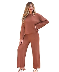 Cupshe Women's Caramel Waffle Knit Henley Long Sleeve Top and Wide Leg Pants Loungewear Set