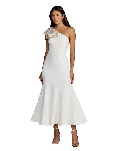 Mac Duggal Women's Crepe One Shoulder Mermaid Midi Dress With Flower