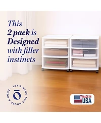 Homz Plastic 3 Clear Drawer Small Rolling Storage Container Tower, White, 2 Pack
