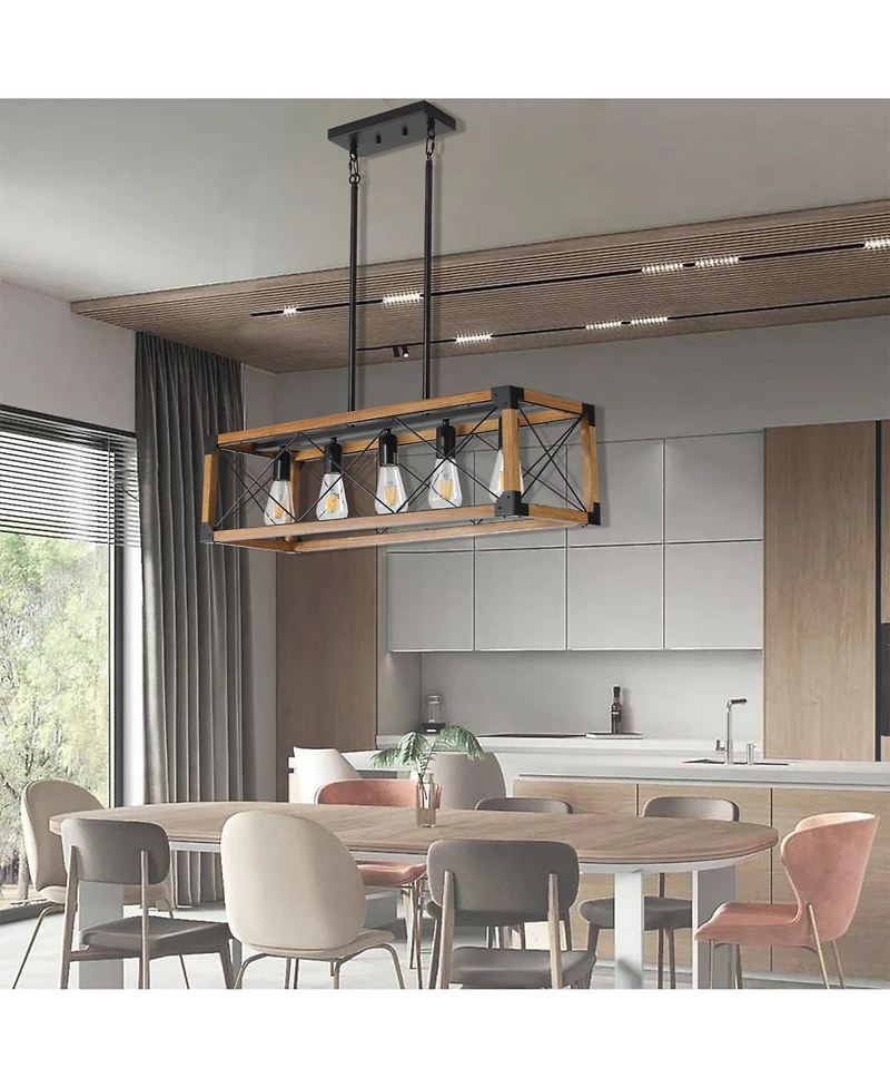Clihome 32" Walnut Industrial Farmhouse Rectangle Pendant Light, 5-Light Chandelier