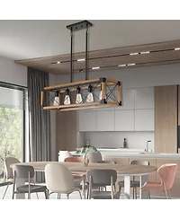 Clihome 32" Walnut Industrial Farmhouse Rectangle Pendant Light, 5-Light Chandelier