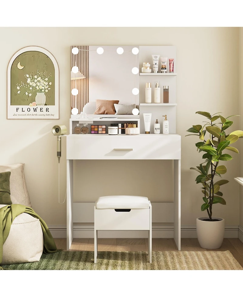 Vabches Makeup Vanity Desk with Lighted Mirror and Charging Station, Storage Chair + Drawer for Bedroom