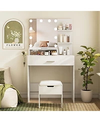 Vabches Makeup Vanity Desk with Lighted Mirror and Charging Station, Storage Chair + Drawer for Bedroom