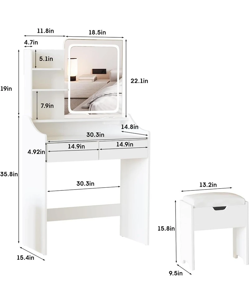 Vabches Vanity Desk with Led Mirror and Charging Station, Makeup Table with Storage Stool