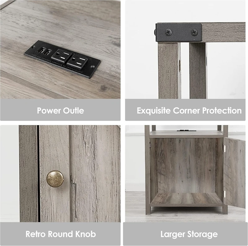 Vabches Farmhouse Nightstand with Charging Station (2 Ac/2 Usb), Rustic End Table Besides Table for Bedroom