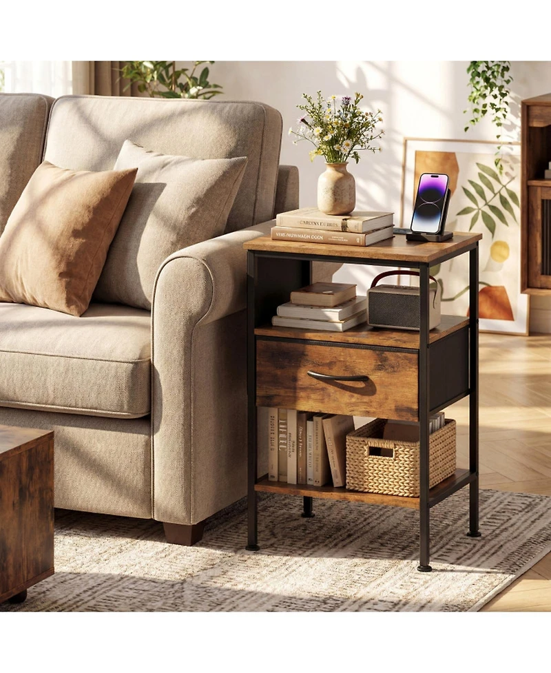Sugift Nightstand with Charging Station 24.5 Inch Bedside Table Featuring Fabric Drawer and Side Pocket