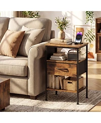 Sugift Nightstand with Charging Station 24.5 Inch Bedside Table Featuring Fabric Drawer and Side Pocket