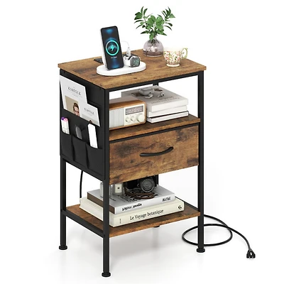 Sugift Nightstand with Charging Station 24.5 Inch Bedside Table Featuring Fabric Drawer and Side Pocket