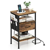 Sugift Nightstand with Charging Station 24.5 Inch Bedside Table Featuring Fabric Drawer and Side Pocket