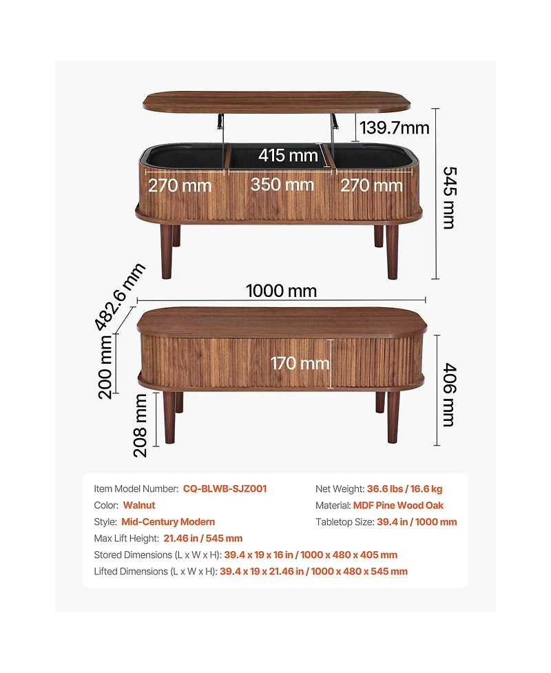 Sugift 39.4 Inch Fluted Oval Lift Top Coffee Table with 3 Hidden Storage Compartments