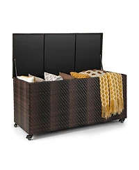 Mecale 96-Gallon Wicker Deck Box on Wheels, Rolling Patio Cushion Storage