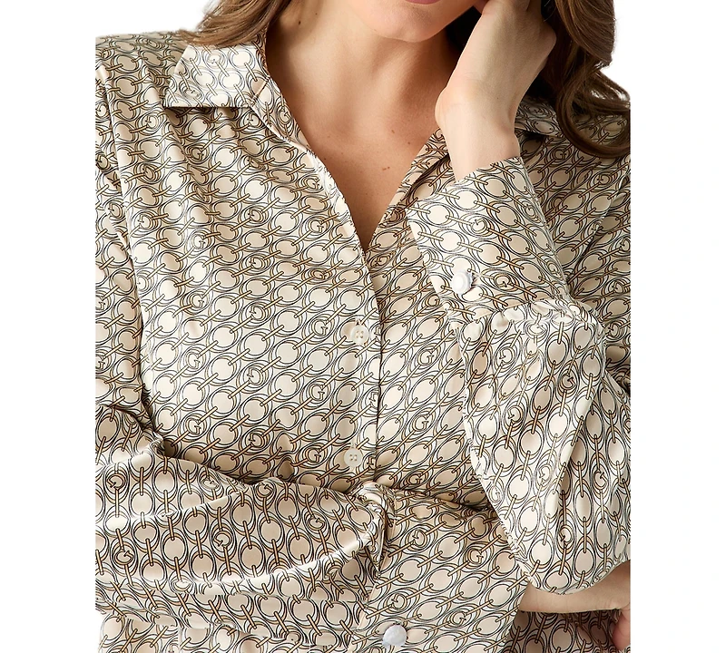 Guess Women's Concetta Satin Wrap Collared V-Neck Long-Sleeve Blouse