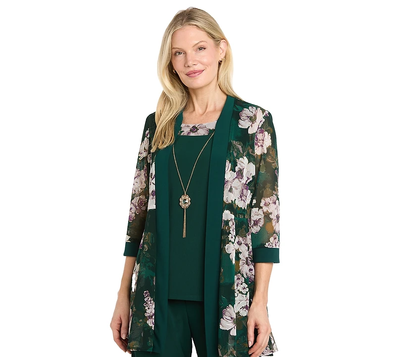 R & M Richards Women's Floral-Print Mesh Wide-Leg Jacket, Cami and Pants Set