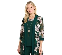 R & M Richards Women's Floral-Print Mesh Wide-Leg Jacket, Cami and Pants Set