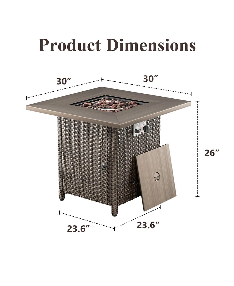 Pocassy 30" Outdoor Square Rattan Propane Gas Fire Pit Table for Outside