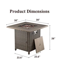 Pocassy 30" Outdoor Square Rattan Propane Gas Fire Pit Table for Outside