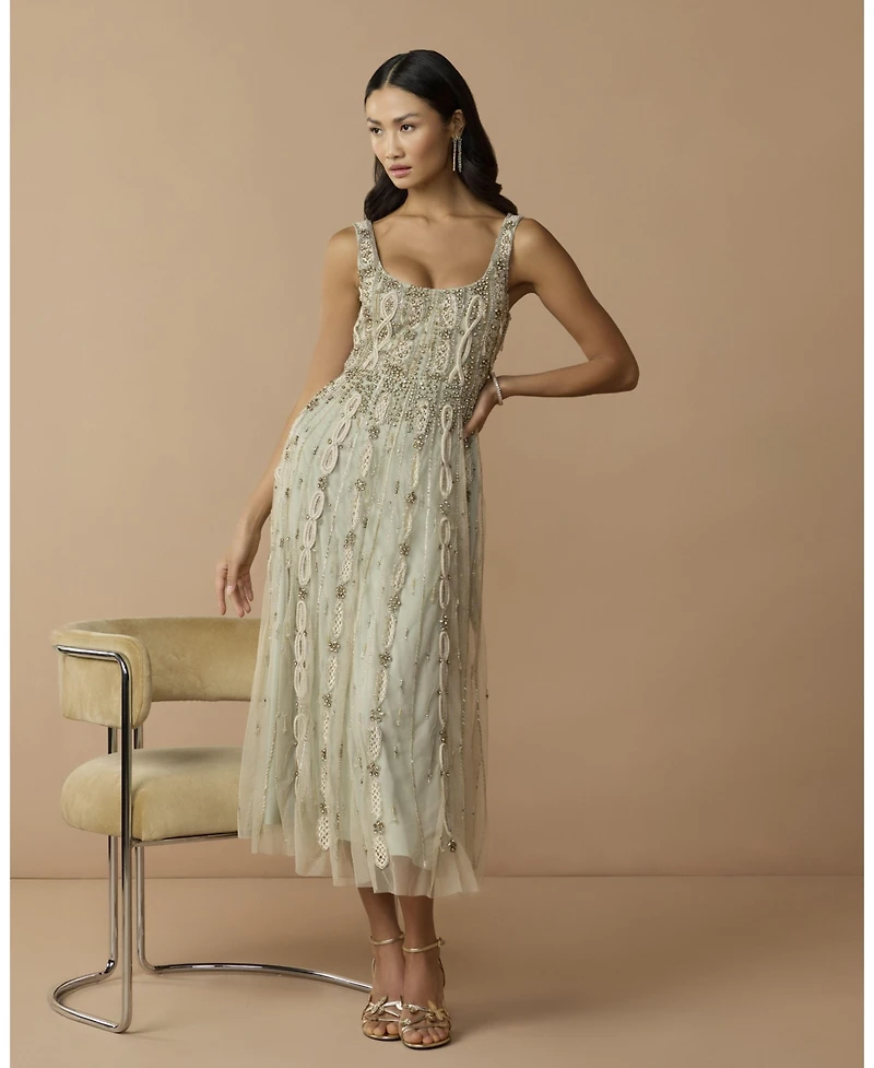 Mac Duggal Petite Embellished Scoop Neck Mesh Midi Dress