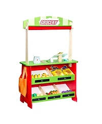 Yobtop Two-in-One Reversible Puppet Theater and Market Stand with Working Scanner and Card Reader, 35-Piece Accessory Set, Ages 3+