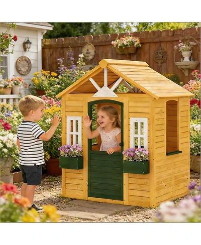 Yobtop Creative Garden Playhouse, Fir Wood, 53"L x 38.2"W x 59.1"H, Flower Boxes & Windows, Accommodates 2, Ages 3+