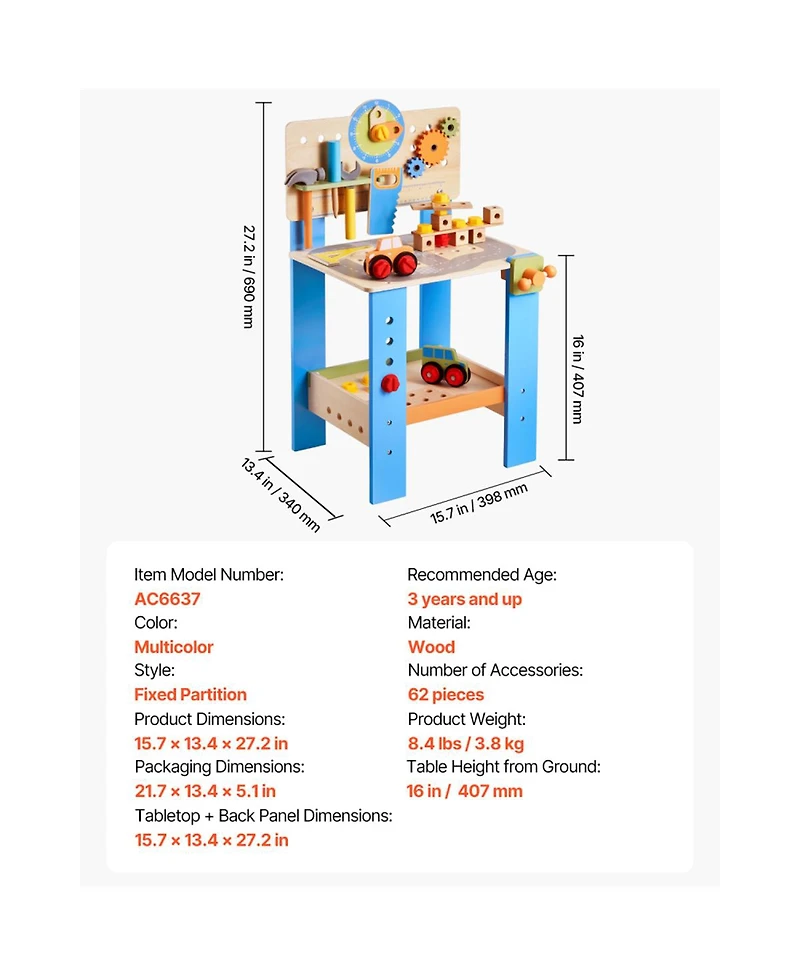 Yobtop Road-Themed Wooden 7-Piece Tool Workbench, Ages 3+